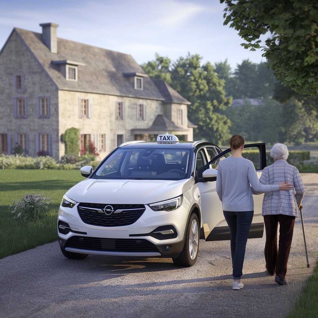 La campagne lyonnaise, en journée, avec une grande maison en pierre typique de la région et un jardin verdoyant en arrière-plan. En premier plan, un taxi Opel GrandLand blanc, vu de trois quarts arrière, est garé devant la maison. Le véhicule arbore un panneau lumineux 'TAXI' bien visible sur le toit. La porte avant passager est grande ouverte. Deux femmes se dirigent vers le véhicule : une femme d’environ 35 ans, vue de dos, soutient une dame âgée qui semble avoir du mal à marcher. Elles sont positionnées légèrement sur le côté du véhicule, et leurs visages ne sont pas visibles.