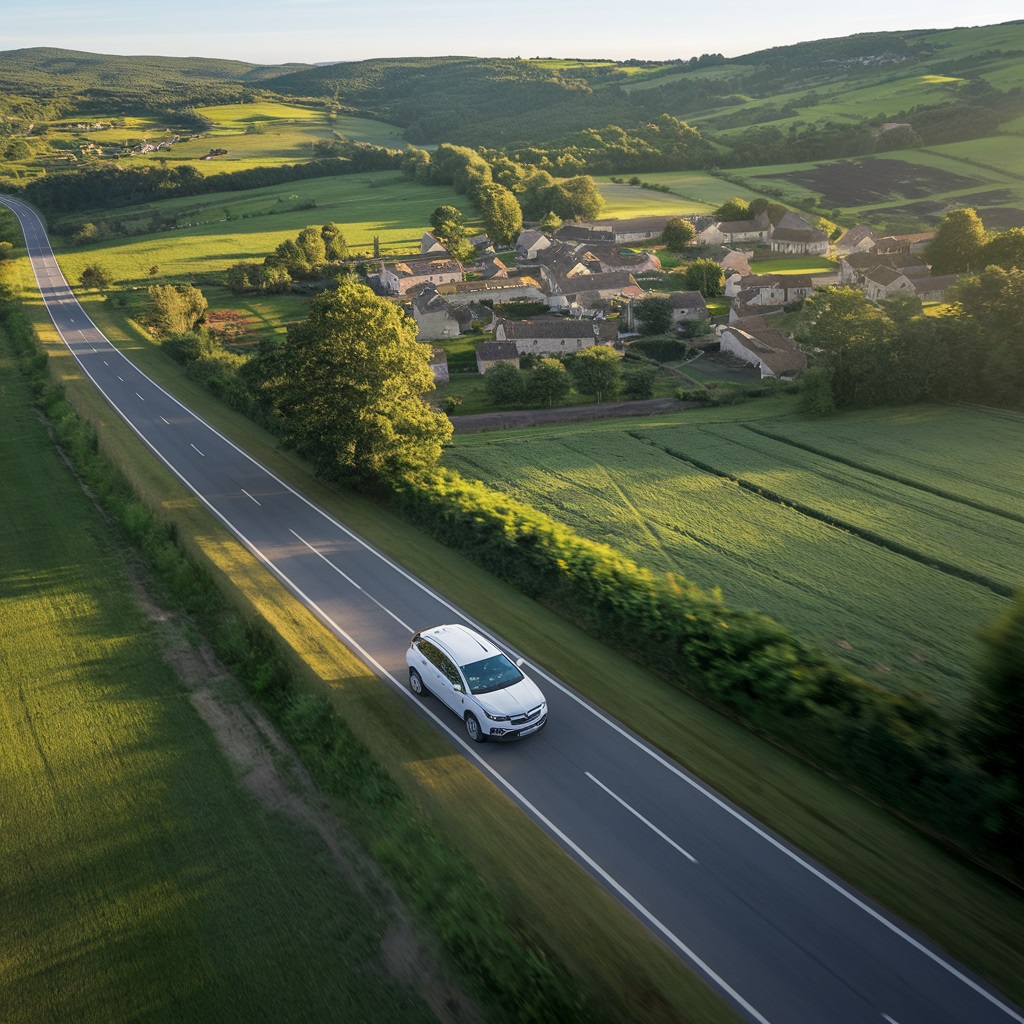 Vue aérienne large, prise par un drone, montrant un Opel GrandLand blanc roulant sur une route de campagne à deux voies, bien entretenue, près d’Eyzin-Pinet, dans la région lyonnaise. La voiture est en mouvement, entourée d’un paysage naturel verdoyant avec des champs, des arbres et quelques collines douces. En arrière-plan, un village typique de la région, avec des maisons en pierre aux toits en tuiles rouges, se fond harmonieusement dans le décor.